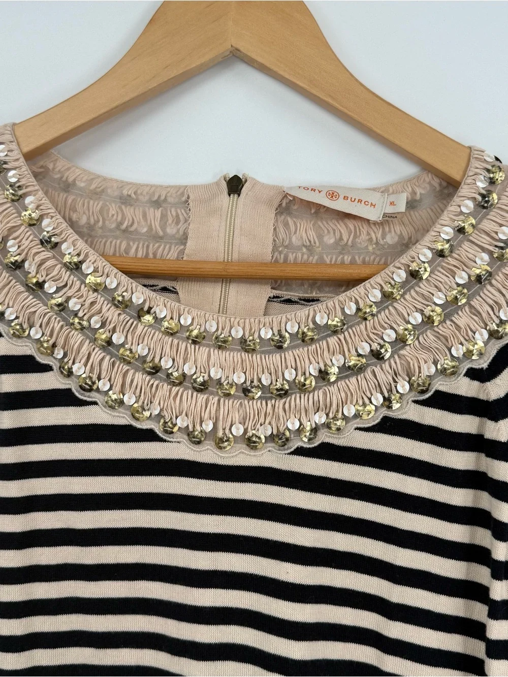 Tory Burch Blue Cream Stripe Cotton Short Sleeve Fringe /beaded Sweater Size XL